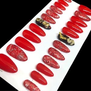 Handmade UV Gel Press On Nails Medium Length Almond Shape Red Bandana Paisley